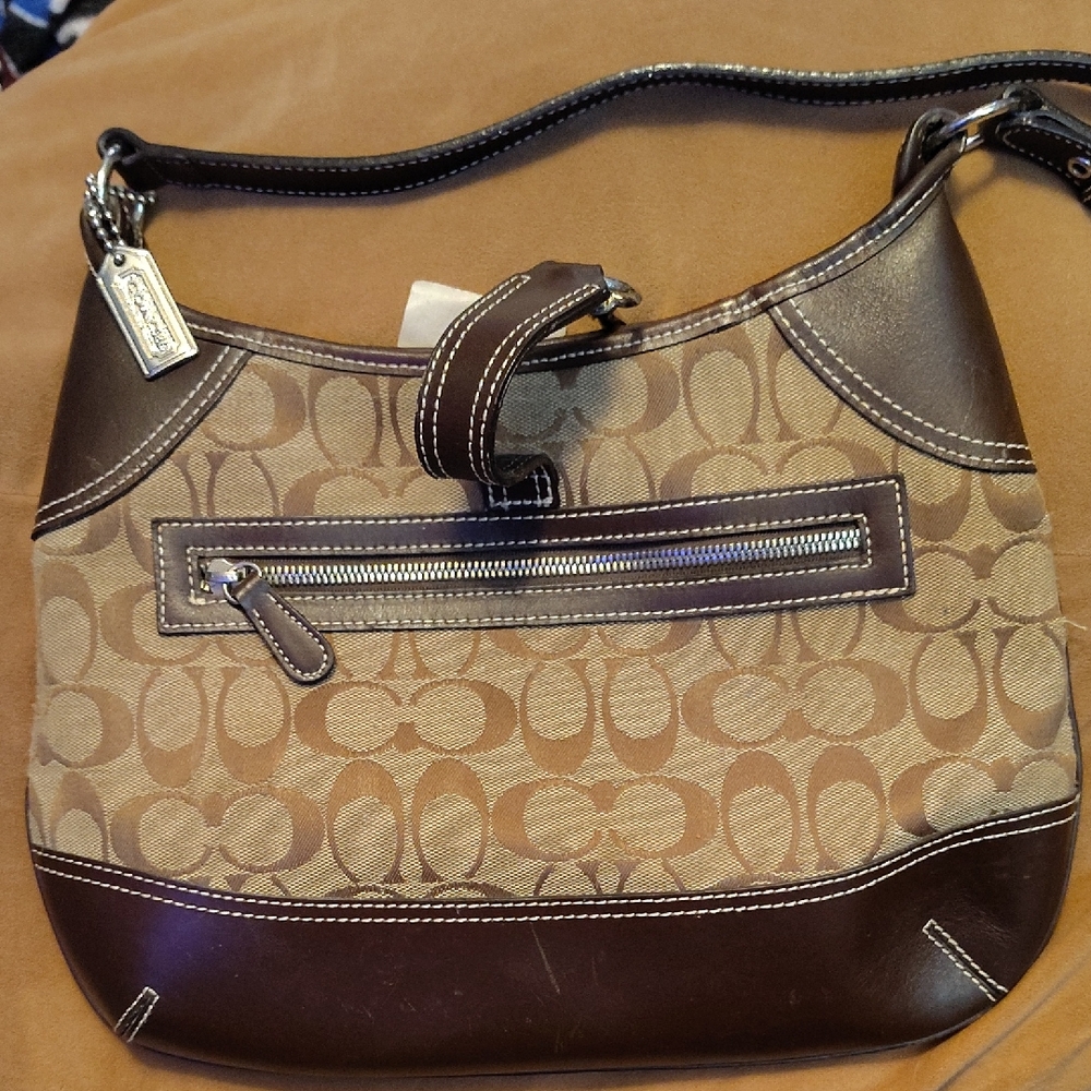 Coach Brown Signature Shoulder Bag with Leather Accents